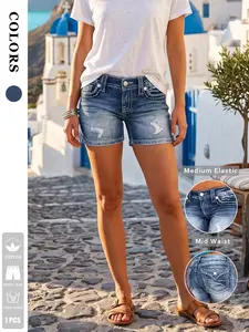 1 Pair New Women's Summer Mid-Waist Elastic Stretchy Casual Denim Shorts, Ripped Hot Pants, Fitted Jeans, Solid Style, Comfortable and Stylish