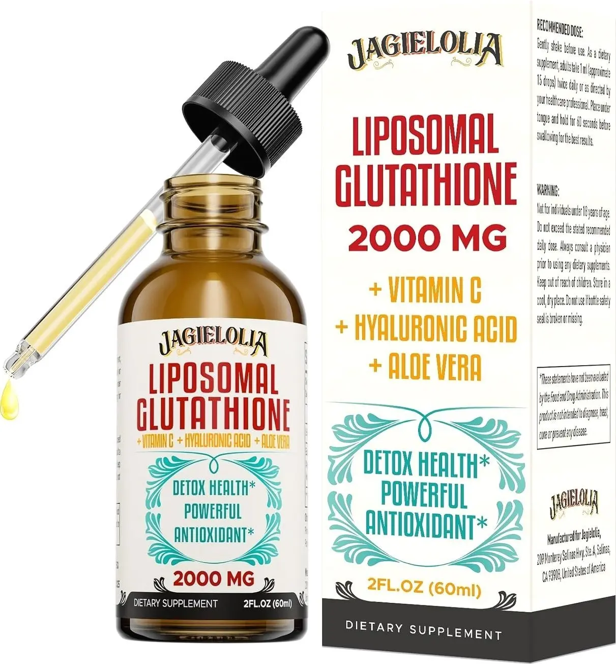 Jagielolia 2000MG Liposomal Glutathione Liquid, Made in The USA, Reduced Glutathione Supplement, Enhanced Absorption, Non-GMO, Powerful Antioxidant for Immune System, Energy, Aging Defense, 2 Floz