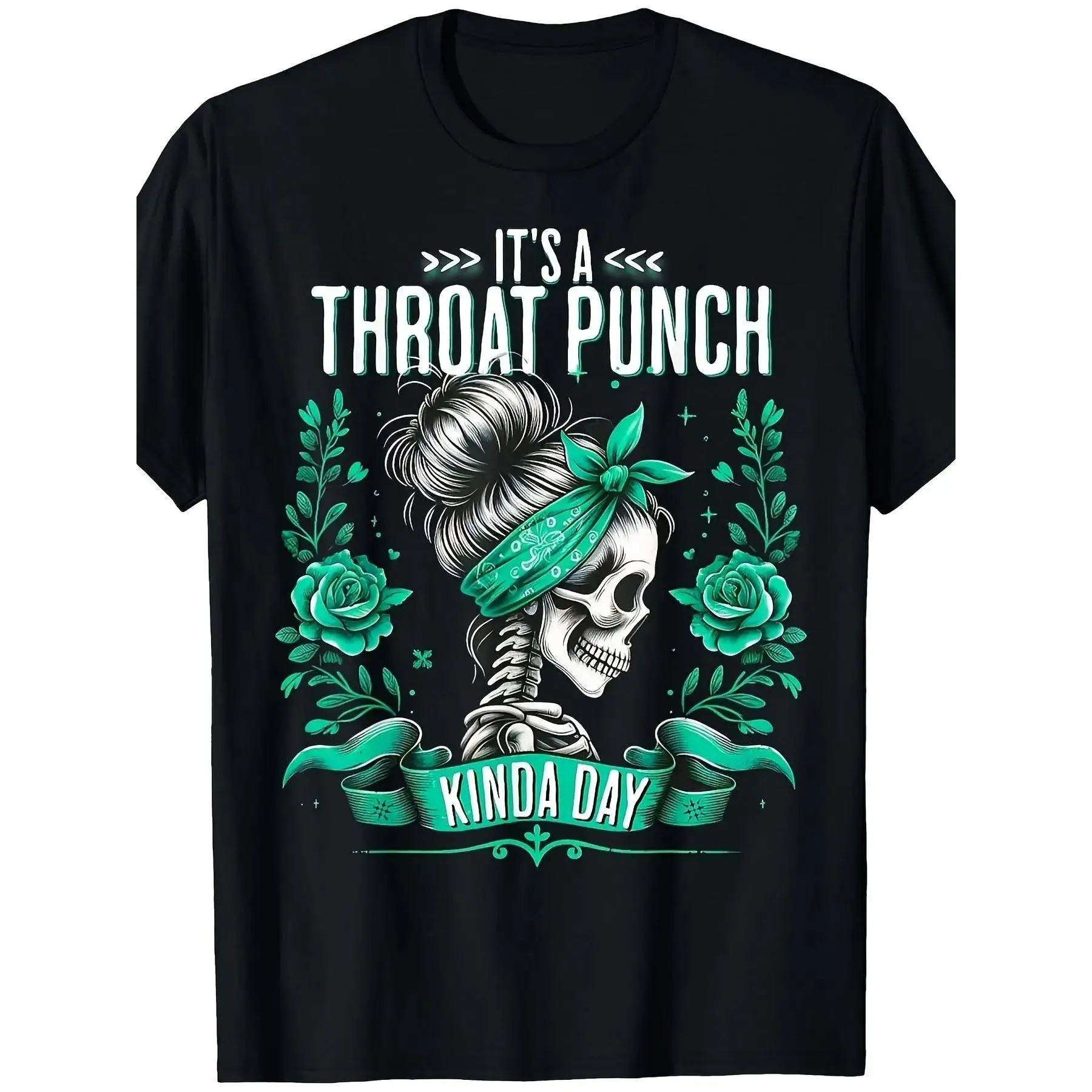 Handmade Men's Relaxed Fit Ribbed Soft Short-Sleeve Cotton Fabric T-Shirt - Skull & Roses Print, "It's a Throat Punch Kinda Day" Edgy Casual Wear, Teal Bandana Design Sports Top for Comfortable Move, Shortsleeve, Tshirt
