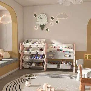 Kids Toy Storage Organizer with 2 Tier Bookshelf 12 Bins for Playroom Bedroom Classroom Pink Color Safe Non Toxic