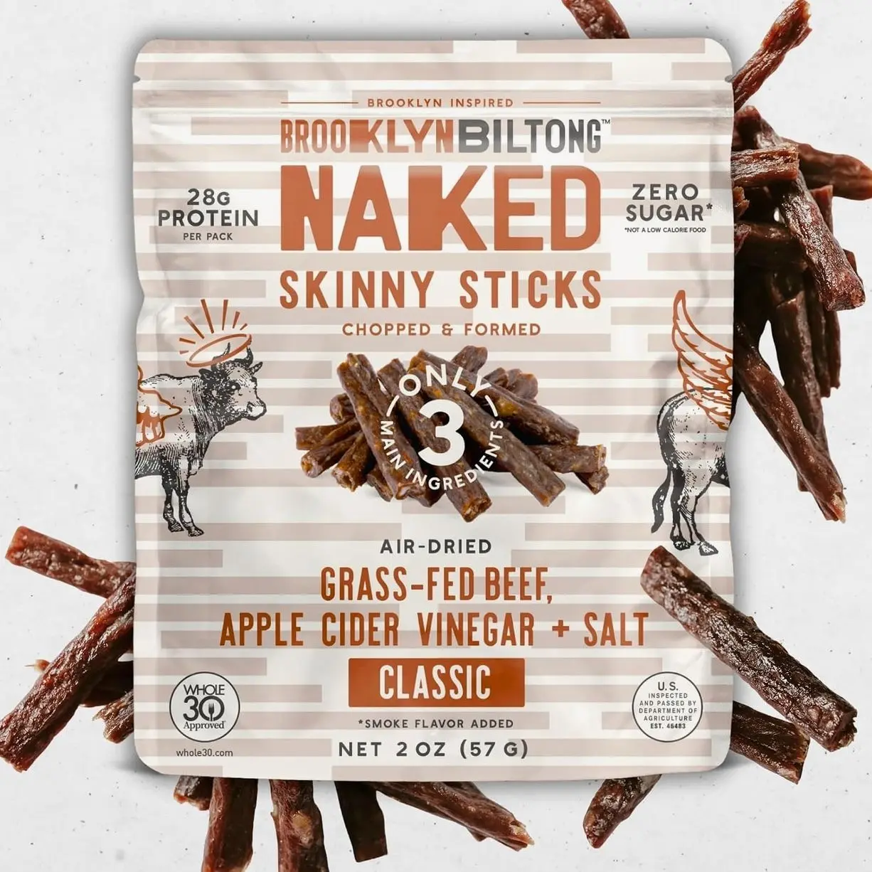 Brooklyn Biltong Naked Skinny Sticks (Naked 2 oz, Pack of 2) - Grass-Fed Biltong Beef Jerky Meat Stick - 14g High Protein Snacks - Premium Air Dried, Paleo, Keto, Gluten Free, Sugar Free - Made in USA