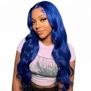 Blue Body Wave 13*6 HD Lace Front High-Quality Human Hair Wig Pre Plucked With Baby Hair Colored Comfortable Breathable To Wear Soft And Bouncy Natural Looking Free Part Tangle-Free Adjustable Fit