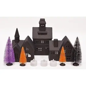Porcelain Haunted Halloween Color Changing LED Village with Trees, 10 Piece Set, Black