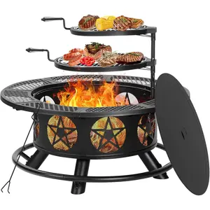 42 Inch Fire Pit  2 Grills, Extra Large Wood Burning Fire Pits for Outside  Lid & Poker, Heavy Duty Firepit,BBQ& Outdoor Fire Pit & Round Metal Table 3 in 1 for Patio, Picnic, Party Camping Chair with Color Storage Shed Skylights Stand Bag portable Double