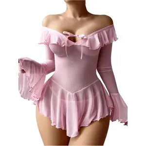 Women's 2 Piece Off Shoulder Long Sleeve Ruffle Mesh Sheer Nightgowns with Thongs Babydoll Lingerie Set