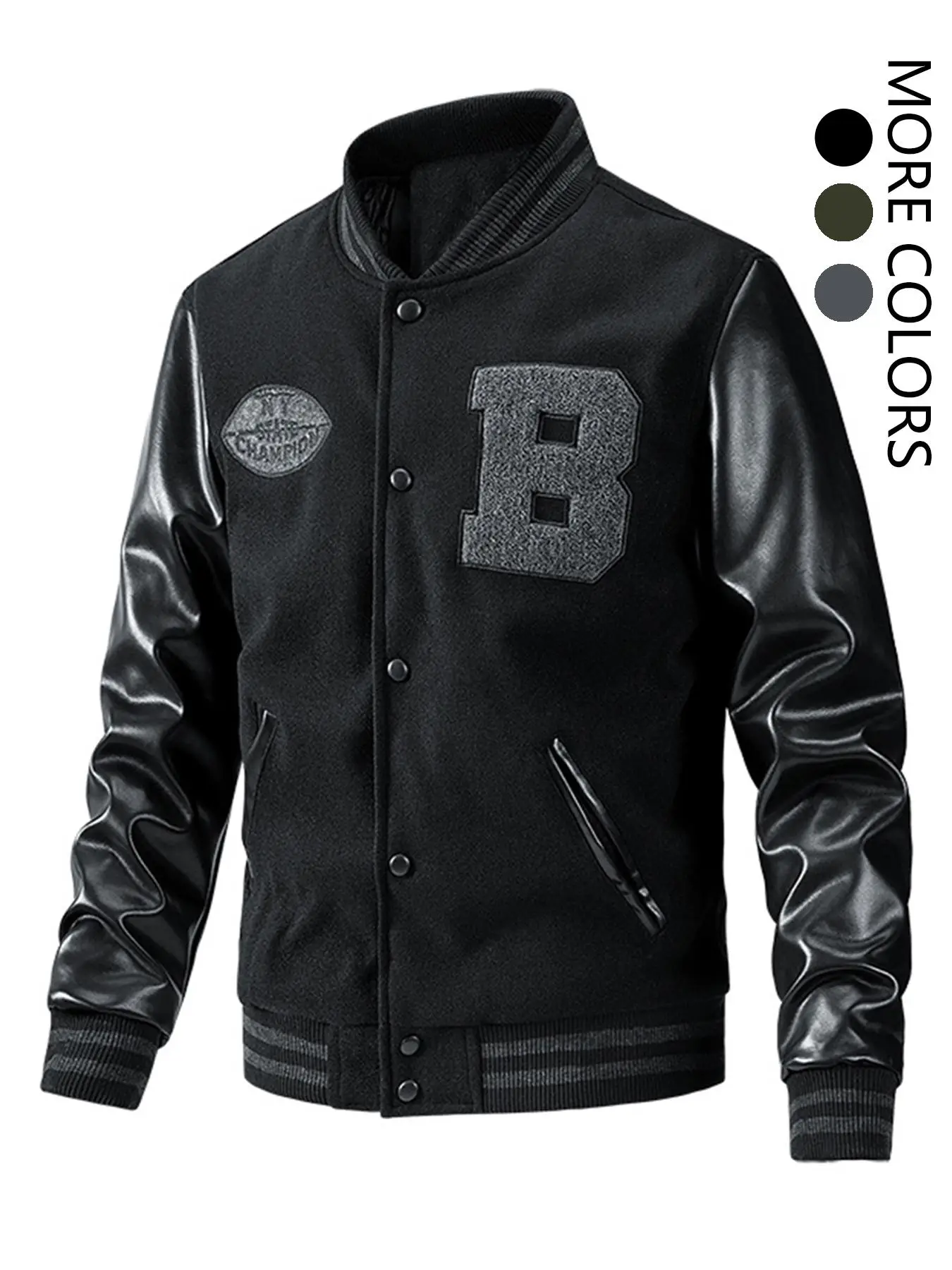 Men's Letter Patched Pocket Button Front Varsity Jacket, Casual Regular Fit Long Sleeve Stand Collar PU Leather Jacket Coat for Fall Winter