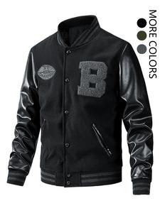 Men's Letter Patched Pocket Button Front Varsity Jacket, Casual Regular Fit Long Sleeve Stand Collar PU Leather Jacket Coat for Fall Winter