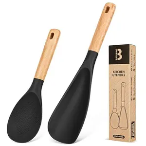Cooking Spoon and Rice Scooper for Nonstick Cookwares, Great for Cooking and Serving Durable BPA-Free Matte Silicone, Wood Handle Spoon for Mixing, Scoop, and Scrape (Black)