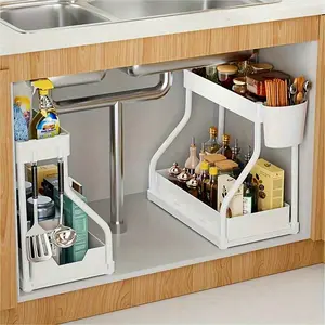 1Pc 2-Tier Under Sink Storage Rack,Double Sliding Cabinet Basket Storage Drawer,Bathroom Organizing Accessories,Bathroom Organizer Supplies, Shelf For Under Counter Kitchen Storage With 5 Hooks 2 Hanging Baskets