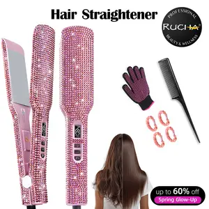 DORISILK Bling Rhinestone 2-in-1 Hair Straightener & Curler - 2-Inch Titanium Flat Iron, 480°F Salon-Grade Heat, Instant Heat-Up & Dual Voltage (Rose Pink)