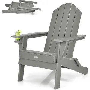 COSTWAY Outdoor Folding Adirondack Chair, HDPE Armchairs with Cup Holder, Weather Resistant Lounger Chair for Patio Garden Fire Pit Backyard, Lawn Porch Seating, Adirondack Lounger