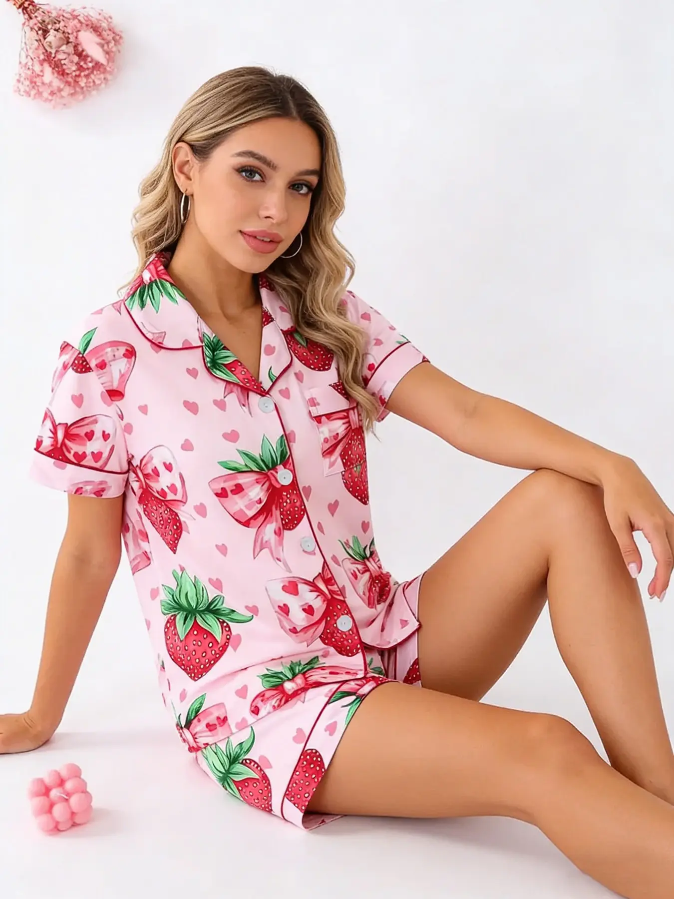 Sweet Style Pink Strawberry Bow Pajamas Set for Women, Button Down Short Sleeve, Spring Summer Breathable Loungewear, Heart Print, Cozy Home Outfit, Nightwear