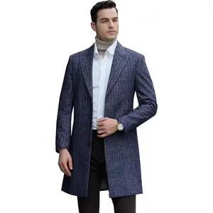 Mens Trench Coat Herringbone Wool Peak Lapel Single Breasted Long Slim Fit Pea Coat Business Suit Jacket for Men
