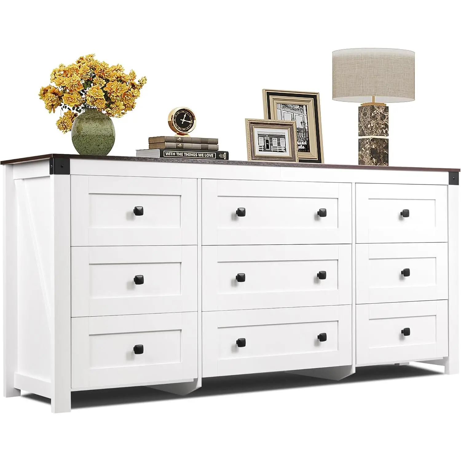 WLIVE Farmhouse 9 Drawer Dresser, 63" Wide Dresser Storage Organizer, Wood Dresser for Bedroom,TV Stand for 70 inch TV, Chest of Drawers for Living Ro