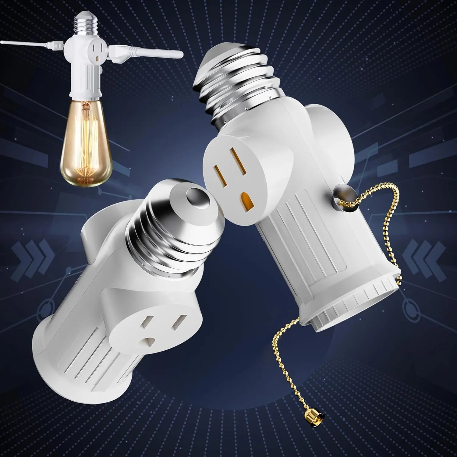 Light Socket to Plug Adapter - 2-Pack Pull Chain 2/3 Prong Adapter for E26/E27 Bulbs - Versatile for Garages, Living Rooms, Hallways &