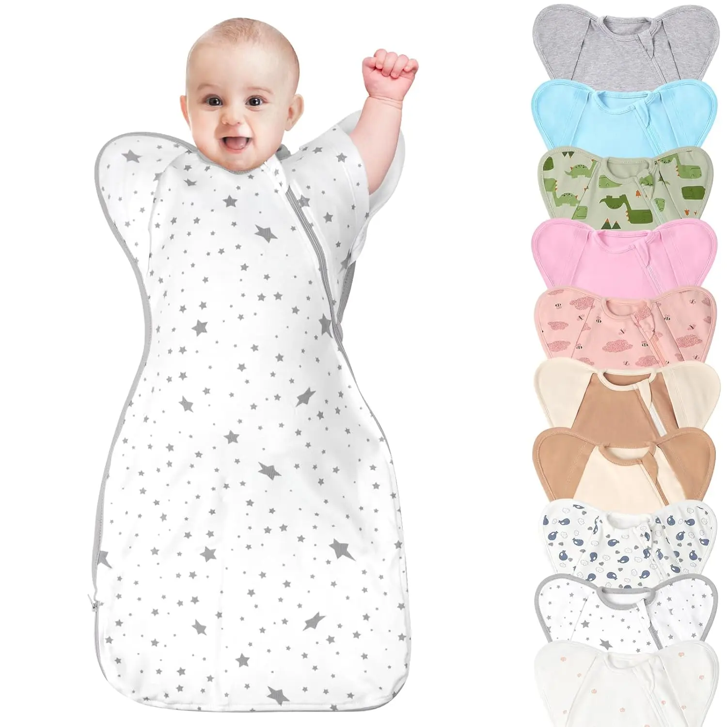 3-Way Wearable Swaddle Blankets Sleep Sacks with Arms Up, Hands Up Sleeping Sack Easy Diaper Changing Sleeping Bag for  Boy Girl  Transitions to Arms-Free Calms Startle Reflex