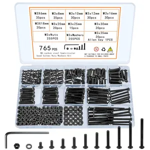 765 count M3 Bolt and Nut Kit - Hex Socket Button  Cap Screws, Washers Set - Metric Machine Screw Assortment - 10.9 Carbon Steel