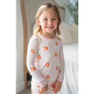 Sweet Peach Two Piece Pajama Set for Kids - Soft Bamboo Viscose & Spandex - Dreamy Watercolor Design - Easy Care Machine Washable - Cozy Spring Sleepwear