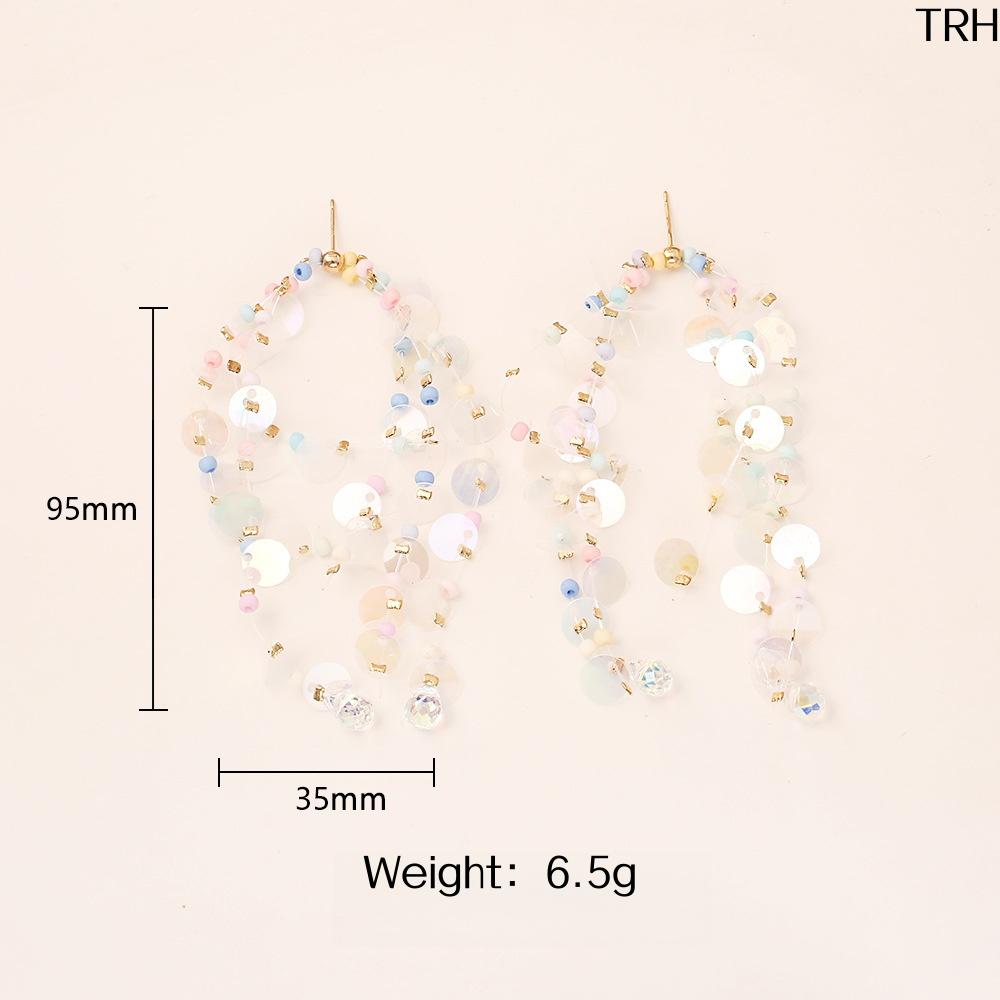 Dangle Earrings for Women, Holographic Sequin Tassel with Pastel Matte Mini Beads & Teardrop Crystal Pendants, Boho Lightweight Jewelry for Picnic Aesthetic Shooting, Beach, 1 Pair, Drop Earrings, Female, Invisible, Shimmer Brightly Under Sunlight, Thin I