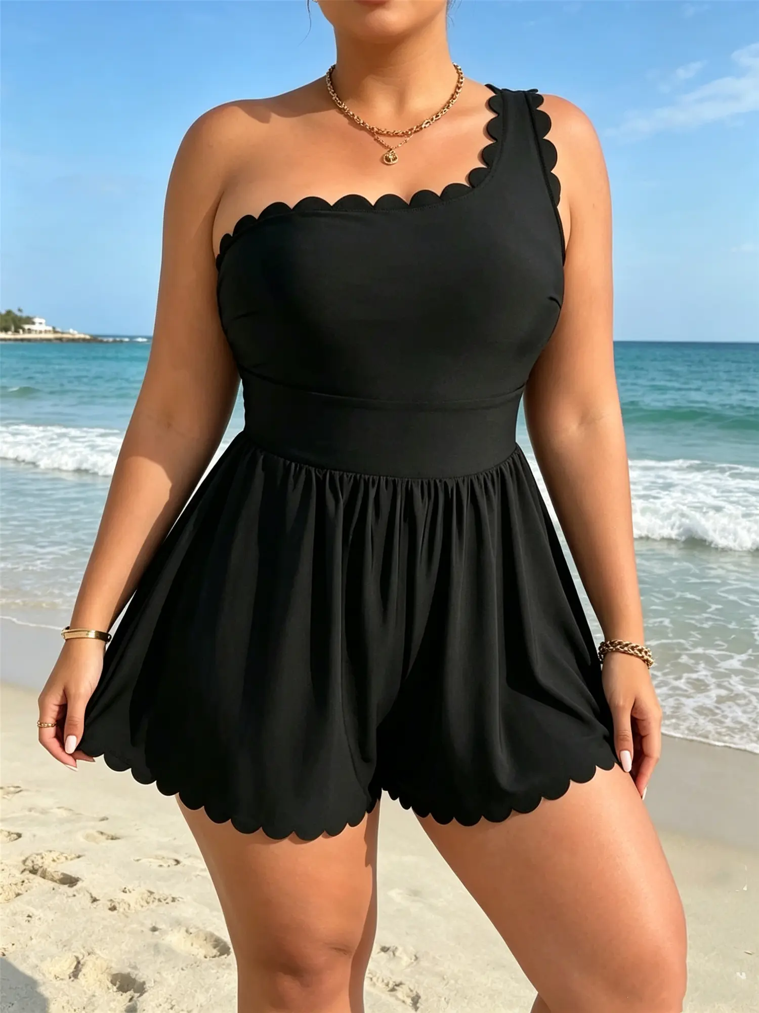 2026 Trending Swimsuits for Women, Plus-Size Solid Black 1-Shoulder Swim Romper Swimsuit, Scalloped Edge, Adjustable Back Straps, High Waisted Ruched Flowy Shorts, Tummy Control, Plus Size Clothes for Beach Trips, Pool