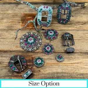Antique Silver Fuchsia, Clear and Emerald  Crystal Conchos - Sizes from 1"- 3" and Buckles