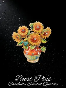Gold Tone Van Gogh Sunflowers Vase Brooch, Enamel Art Print with Clear Crystal Rhinestone, Impressionist Floral Statement Lapel Pin, Women's Fashion Jewelry, Ideal Gift for Art & Flower Lovers