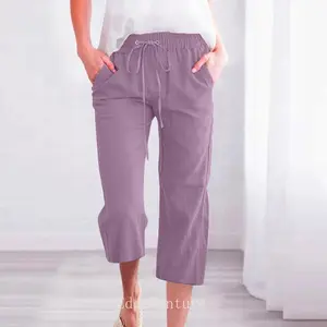 Women’s Capri Pants, Casual Summer Linen Pants with Drawstring and High Waist, Elastic Straight Wide-Leg, Plus Size