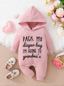 Baby Hooded Onesie, Sweet Waffle Fabric, Skin-Friendly Comfort, Cute Hat Design, Fun Text Print, Snap Closure, Ideal for Baby Girl Clothes