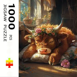 Highland Cow Jigsaw Puzzle with Flower Crown Design, Large Interactive Toy for Adults & Families, DIY Home Decor Brain Challenge Mental Stimulation Gift