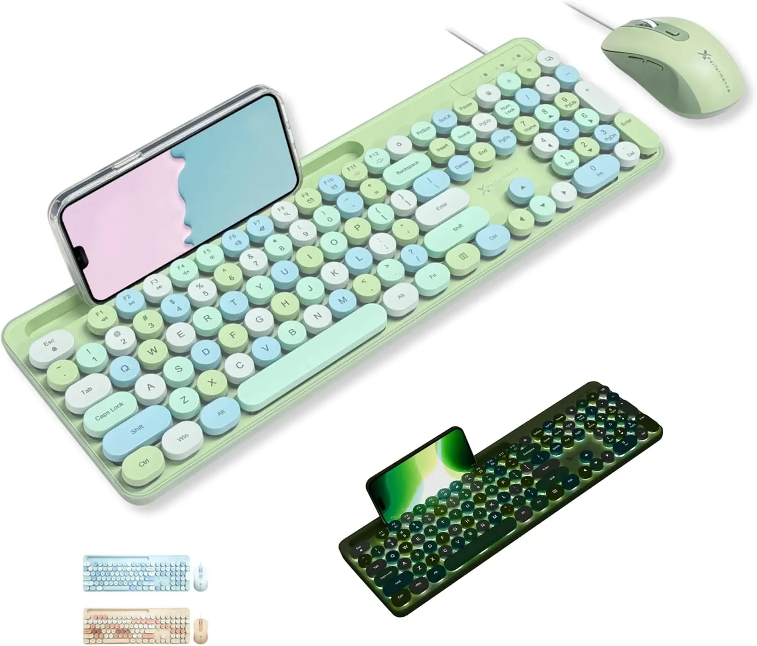 X9 Wired Keyboard and Mouse Combo - Retro Typewriter Keyboard with round Keycaps, Soft White Backlight, Phone Dock, 109 Full-Size Keys, Cute Wired Green Keyboard and Mouse for Laptop, PC & Chromebook X9 Performance