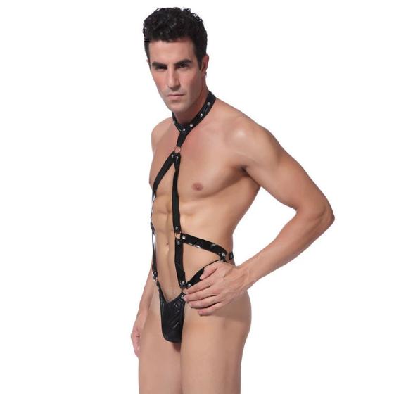 Illussy Men’s Glossy Faux Leather Vest & Shorts Outfit – Adjustable Strap Design, Performance Costume for Stage, Music Festivals, and Creative Fashion Styling