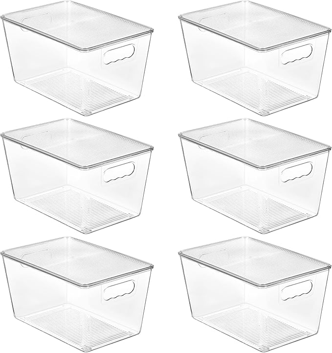 6 Pack Clear Stackable Storage Bins with Lids, Plastic Organizer Containers with Handles for Pantry, Kitchen, Bathroom, Fridge, Closet Storage