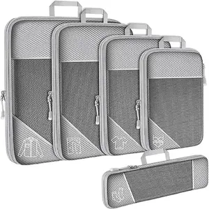 5pcs See Through Mesh Compression Packing Cubes with Shoe Bag Double Zipper Handle for Suitcases Luggage Organizer Travel Grey