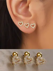 3pcs Stainless Steel Horse Eye Zirconia Flower Stud Earrings, Spiral Ball Flat Earrings, Plated Small Zirconia Earrings For Ear Cartilage, Helix, Lobe Piercing, Bohemian Elegant Style