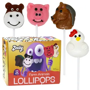 Zeesy Farm Animal Lollipops, 12 Pack Individually Wrapped Farm Animal Suckers for Farm Birthday Party Favors, Baby Shower Candy - Cow, Rooster, Horse and Pig Shaped Lollipops