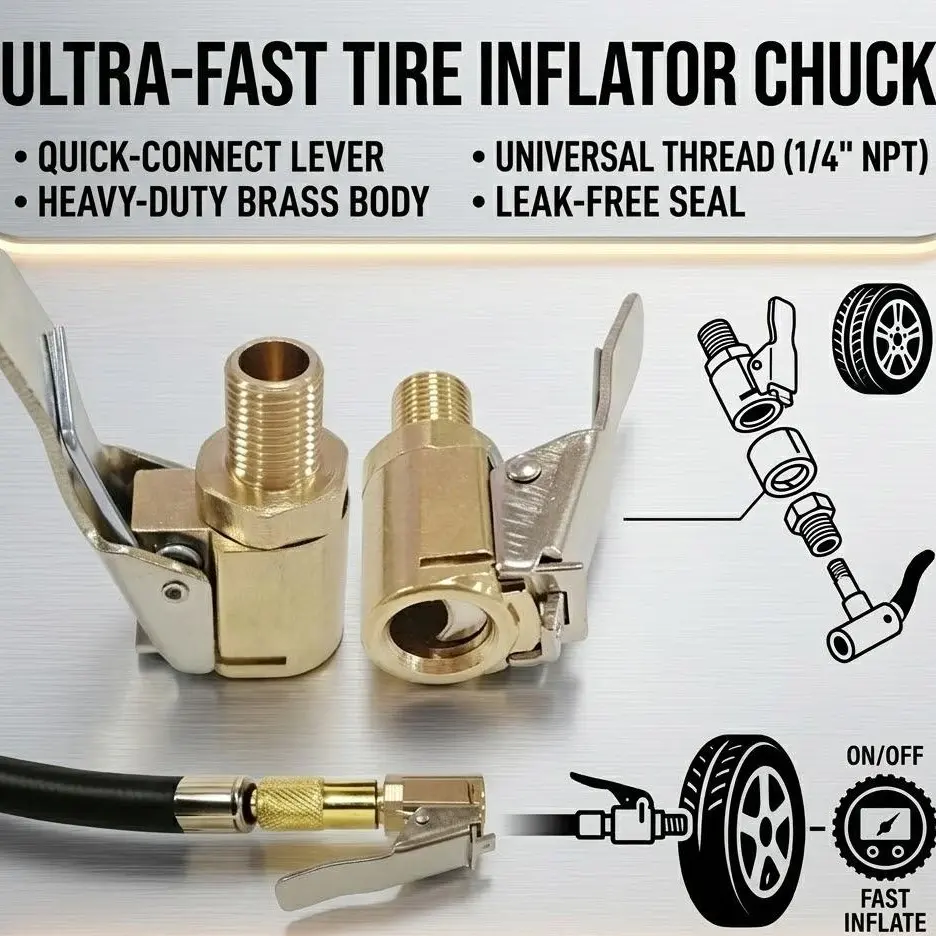 Fathers Day Gift |（2pc） Heavy Duty Brass Tire Air Chuck with Clip Adapter, Quick Connect Lock On Inflation Nozzle for Car & Truck
