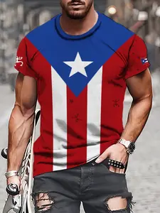 Men's Puerto Rico Flag Print Short Sleeve T-Shirt, Casual Trendy Round Neck Top, Summer Fashion Printed Clothes, Fitted H-Type