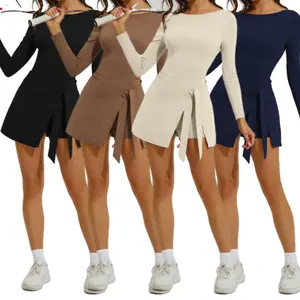 Women's High Neck Tennis Dress with Built-in Shorts and Long Sleeves for Athletic and Workout Activities Exercise