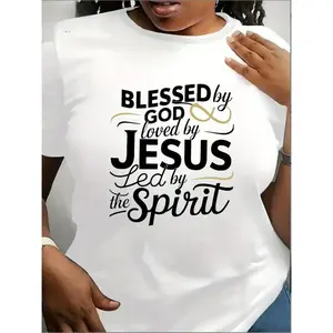 Plus Size Women's T-Shirt - Comfort Fit, Short Sleeve, Round Neck with Inspirational "Blessed by God" Print in Black & Golden - Machine Washable, Smooth Fabric, All-Season Casual Wear, Everyday Clothing | Round Neck Tee | Pure Tee