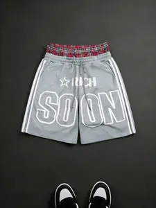 Instant Rich Academy Letter Print Shorts, American Street Style Sporty Five-Quarter Pants, Casual Fitted Drawstring Waist Shorts