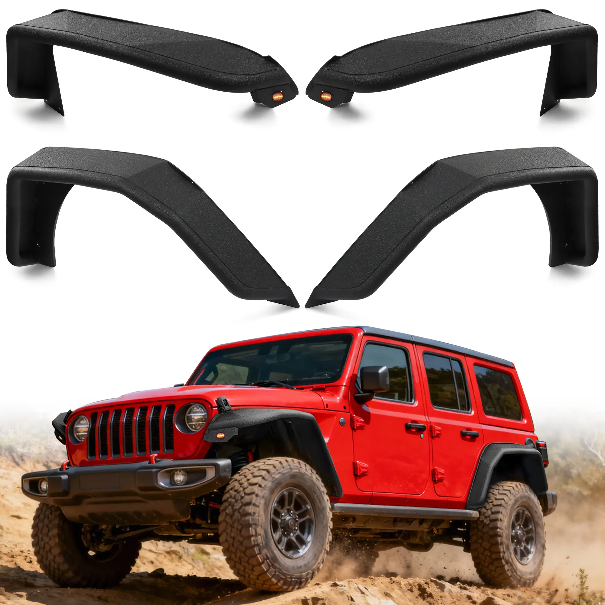 MONOKING Fender Flares for 2018-2026 Wrangler JL JLU 2-Door and 4-Door, Steel Flat-Style Wheel Arch Guards, Paintable Black Molded Textured Dash Cover SUVs