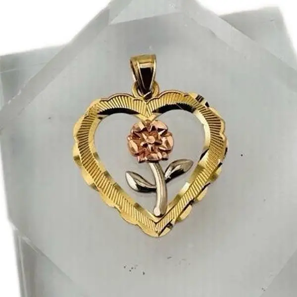 Oroconda Jewlery 14k Gold Heart Pendant with Rose 3-Tone Design Perfect Valentine’s Gift for Her