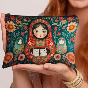 1pc Folk Matryoshka Doll  Makeup Bag -  Floral Russian Boho Illustration Zippered Multifunctional Travel Toiletry Organizer with Floral Design, Portable Cosmetic Pouch for Women & Men, Ideal for Business, Daily Use, Travel Makeup Bag, Cosmetics Organizer