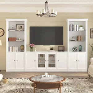 128.2" W Wall Unit Entertainment Center with Bookshelves for TVs up to 80", Modern TV Stand Media Console with tempered glass  Cabinets,  and Adjustable Shelves for Living Room   WL