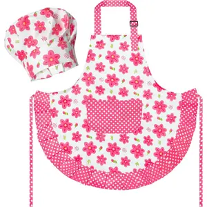 L-AD005   Kid Apron and Chef Hat Set - 2Pcs Adjustable Children Pink Flower Kitchen Toddler Apron for Girls, Role Play Chef Toy Cooking Baking Painting and Training Kits Kid Funny Cooking Birthday Gift