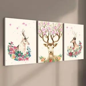 Deer & Flower Pattern Canvas Painting, Modern Wall Art Painting, Wall Art Decor for Home Living Room Bedroom Office, Ornaments