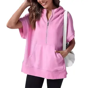 PNORATM Fall Solid Color Casual Short Sleeve Hooded Sweatshirt Loose Oversized Comfortable Piece Womenswear