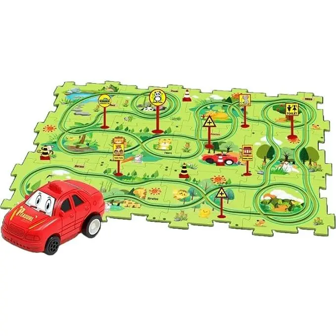 Puzzle Track Car Playset, 25 Pcs Puzzle Racer Kids Car Track Set, Toys for Boys 3-5, Floor Puzzle Adventure Track Set, Car Set for Boys 3-5 Toddler Toy Gift (Jungle Theme)