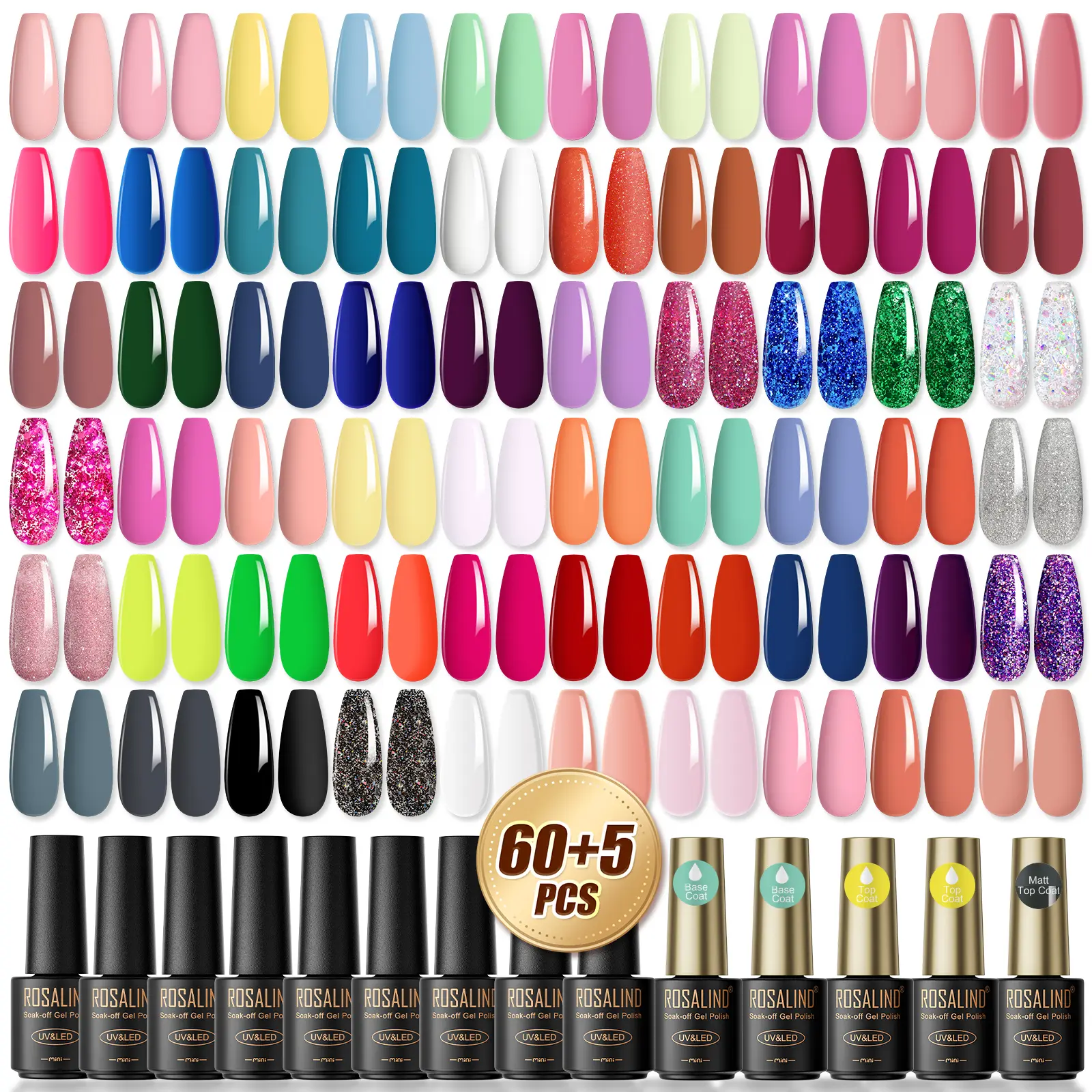 ROSALIND 65Pcs Gel Nail Polish Multi-Pack Set - 60 Mini Bright Shades, 5Pcs Base/Glossy/Matte Top Coats, UV-Cure Required for Nail Art, Manicure Gift with Cuticle Box, Gel Polish
