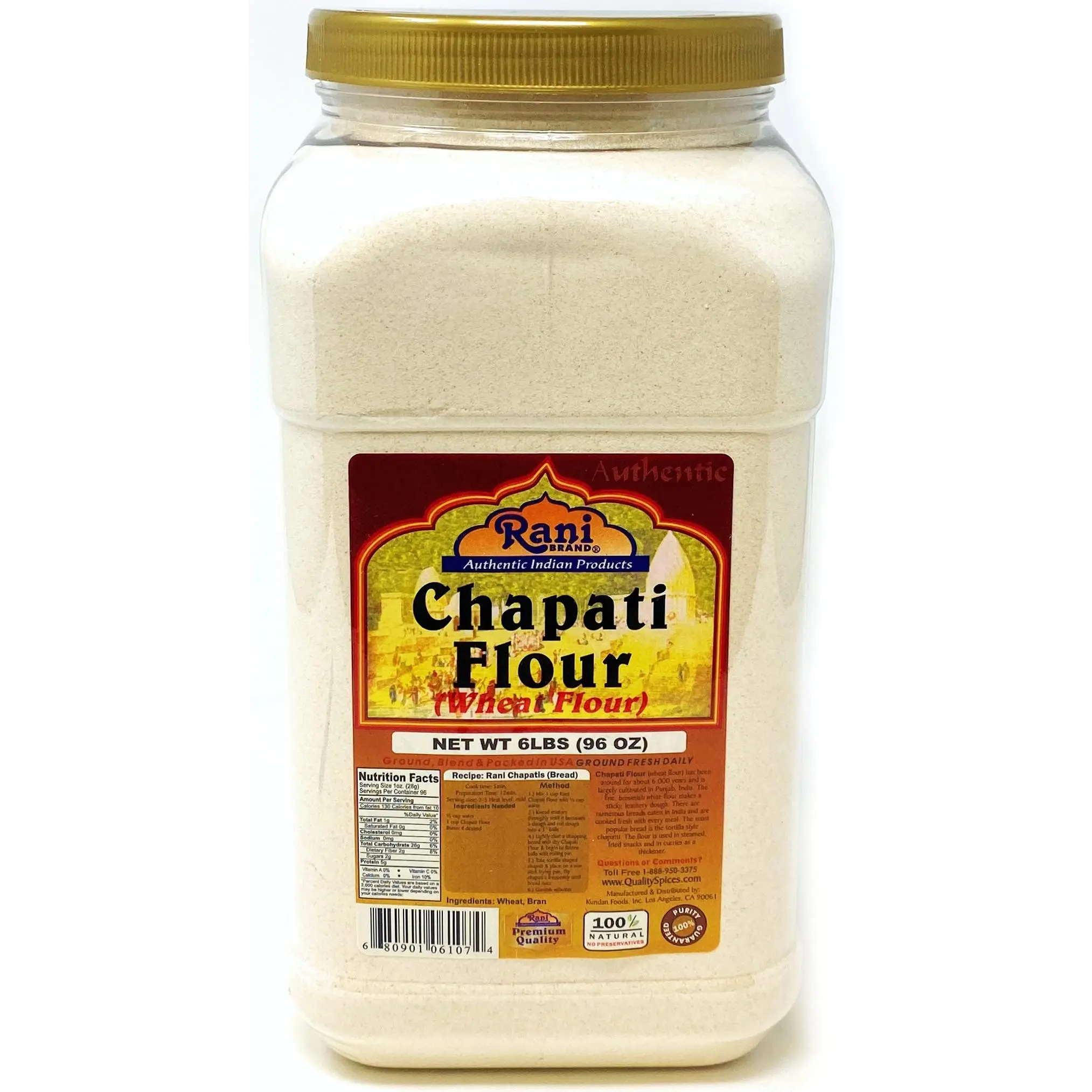 Rani Chapati Flour (100% Pure Whole Wheat Atta), For Making Roti & Indian Breads 96oz (6lbs) 2.72kg PET Jar ~ All Natural | Vegan